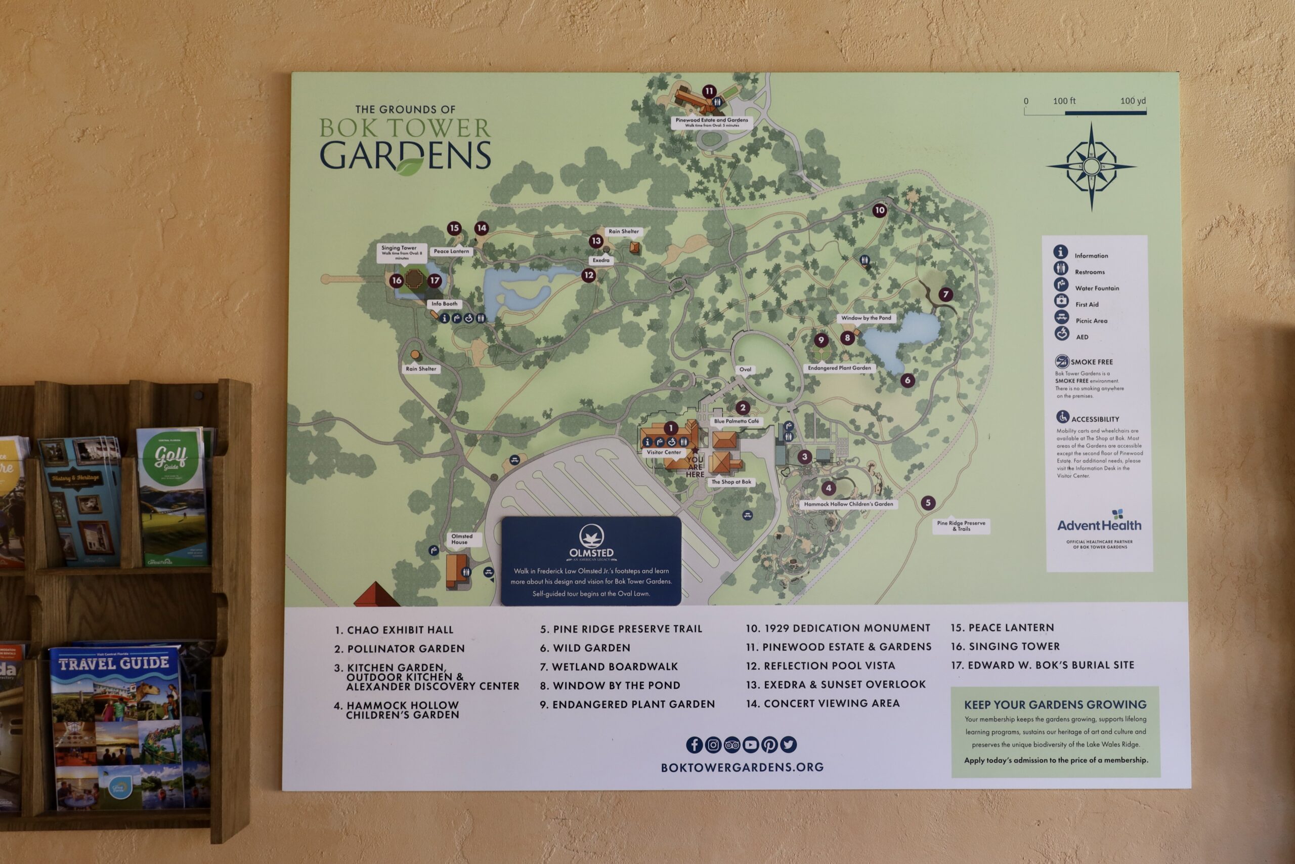 Map of Bok Tower Gardens on the wall - unofficialflorida.com